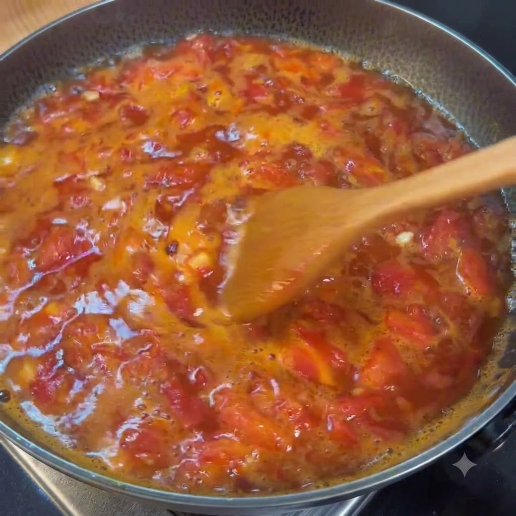 Frische Enoki-Pilze werden in einen blubbernden Tomatensuppentopf gegeben.