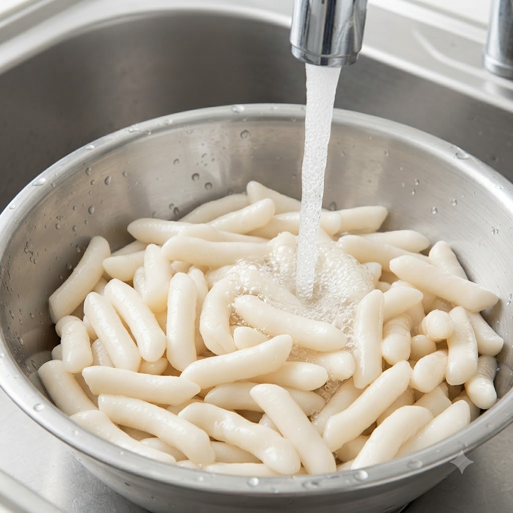 Reiskuchen werden in einer Metallschüssel unter fließendem Wasser gründlich gewaschen.