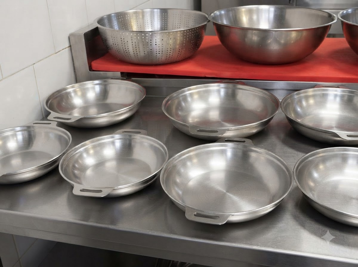 Mehrere vorbereitete runde Metallpfannen stehen auf einer Metalltheke bereit.
