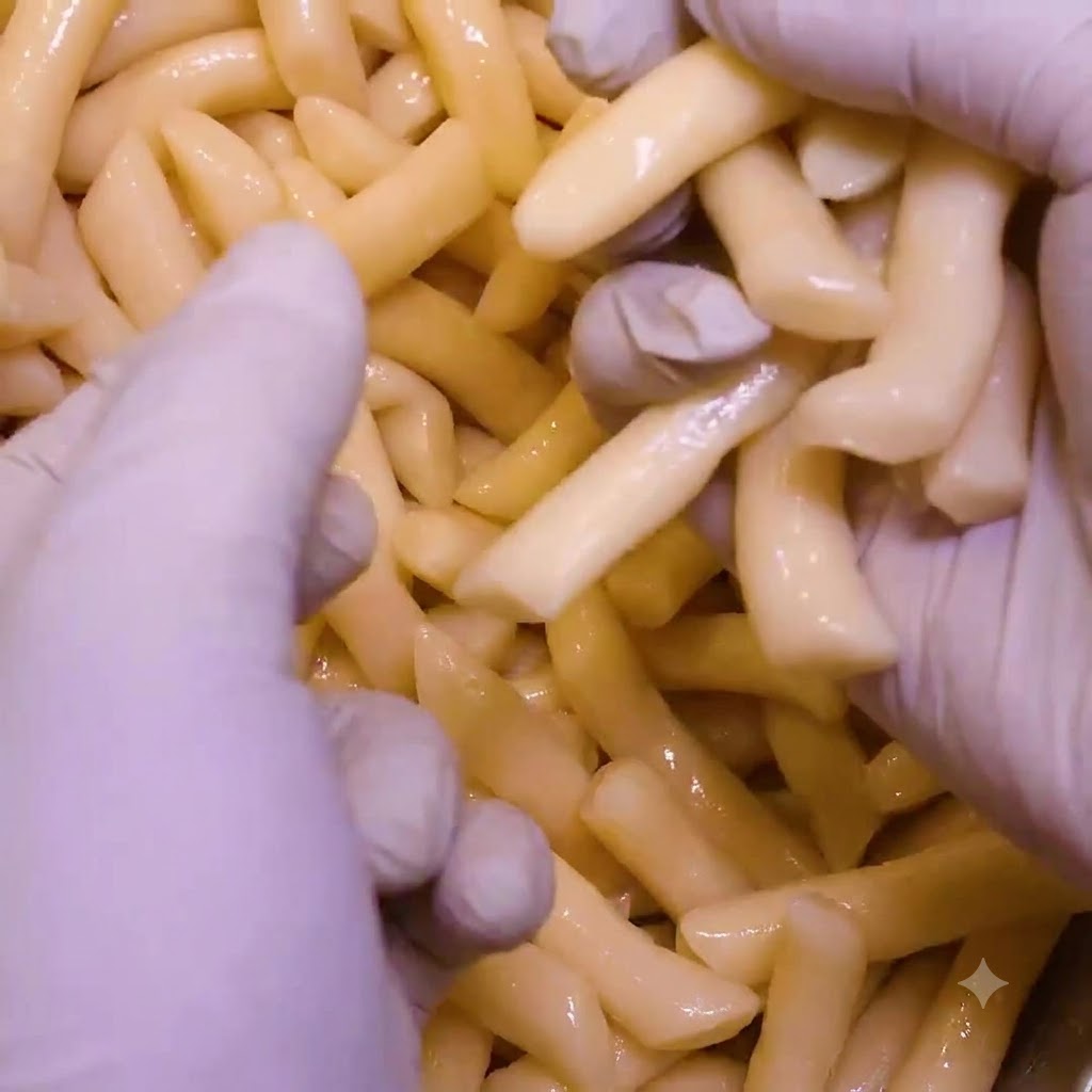 Hände mit Handschuhen legen rohe Reiskuchen auf die Kohlschicht.