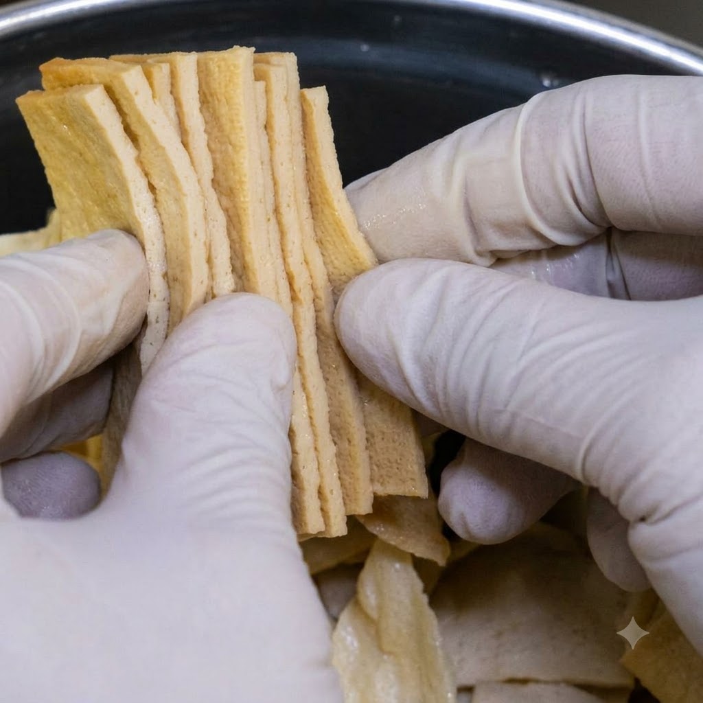 Hände mit Handschuhen halten dünne, rechteckige Scheiben Fischkuchen und fügen sie hinzu.