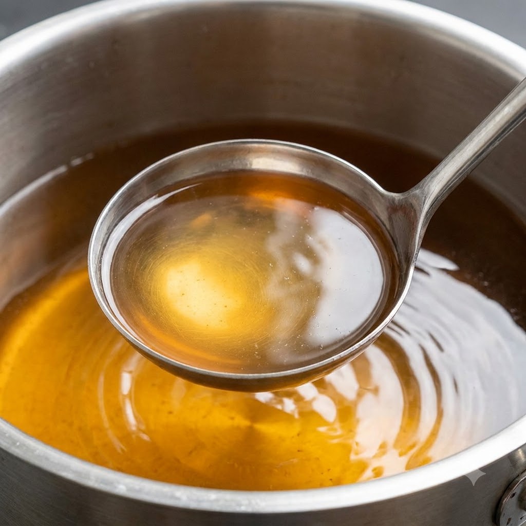 Eine Metallkelle schöpft klare, braune Brühe aus einem großen Suppentopf.
