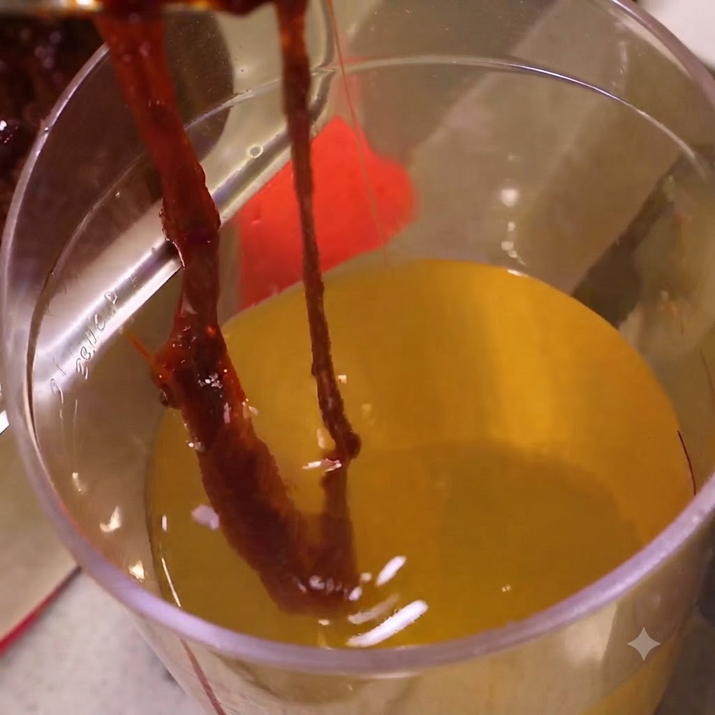 Dunkelrote, scharfe Sauce wird in einem Behälter mit Brühe verrührt.