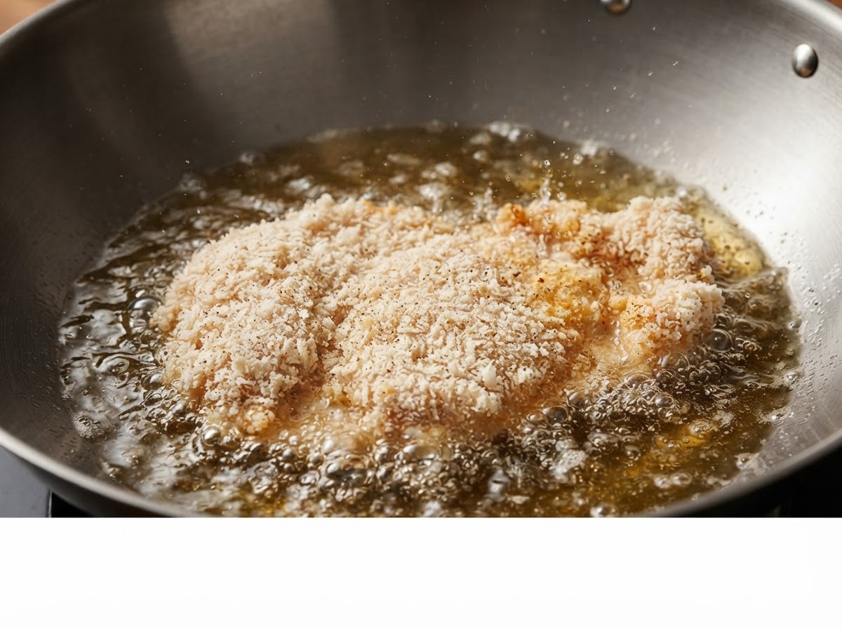 Ein paniertes Hähnchenschnitzel frittiert in einem großen Wok voll heißem Öl.