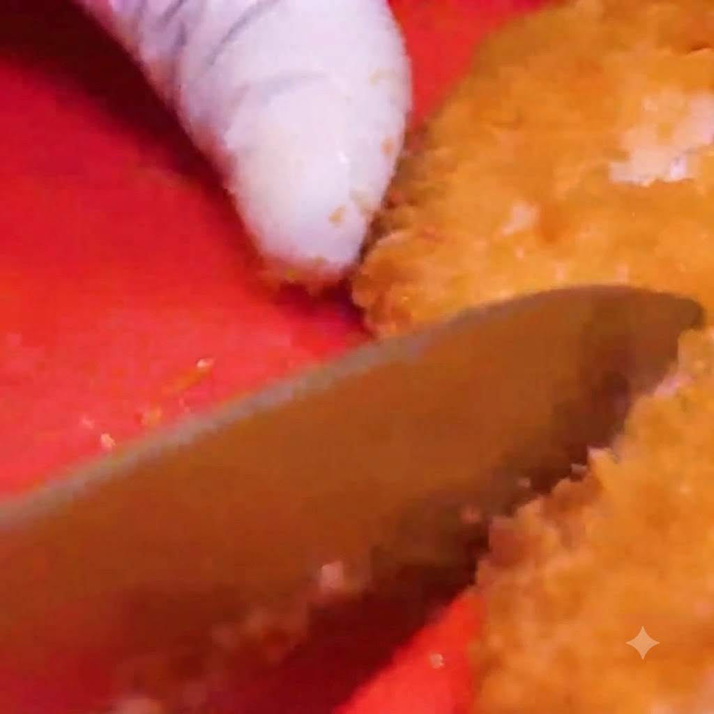 Ein Messer schneidet ein goldbraun frittiertes Hähnchenschnitzel auf einem roten Schneidebrett.