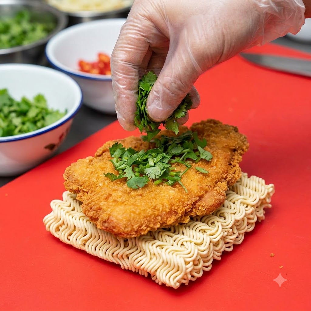 Frisch gehackte grüne Petersilie wird über ein goldbraunes Hähnchenschnitzel gestreut.