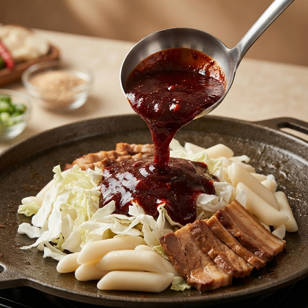 Eine Metallkelle gießt dunkelrote Sauce auf Kohl, Reiskuchen und Fleisch in einer Hotpot-Pfanne.