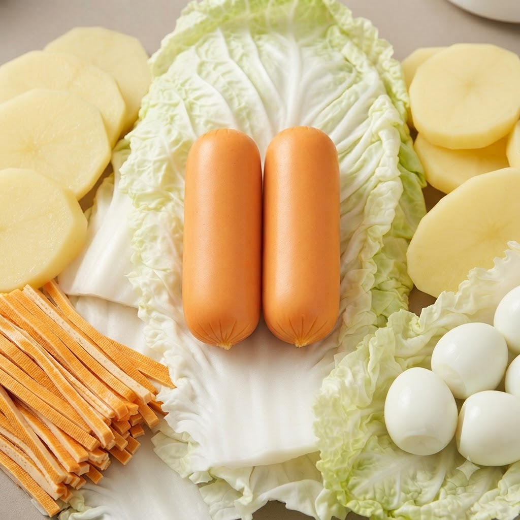 Eine Auswahl roher Hotpot-Zutaten wie Würstchen, Wachteleier, Kartoffelscheiben und Tofustreifen.