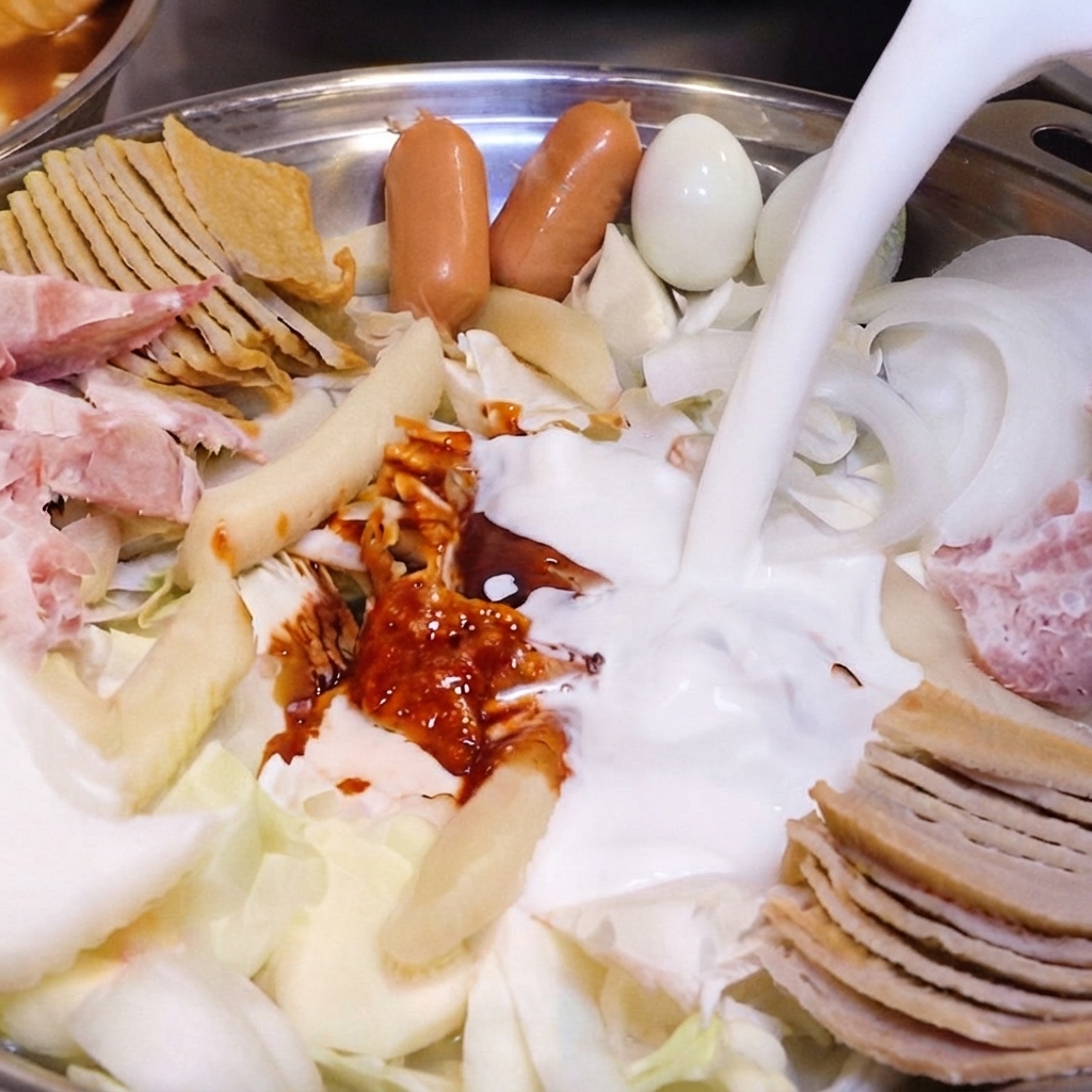Frische weiße Milch wird aus einer Kanne in eine Hotpot-Pfanne mit Zutaten und Sauce gegossen.