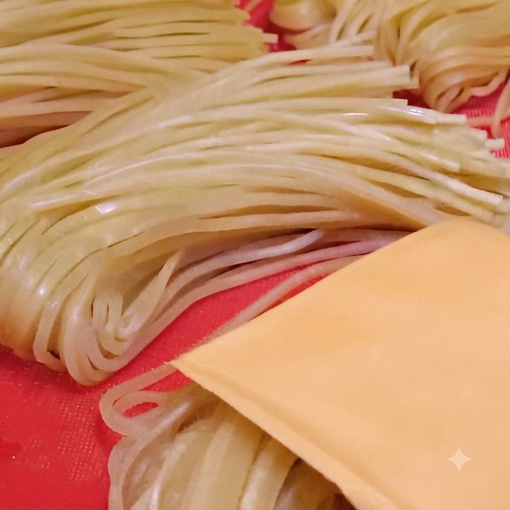 Eine Scheibe gelber Käse liegt auf gefalteten gekochten italienischen Nudeln.