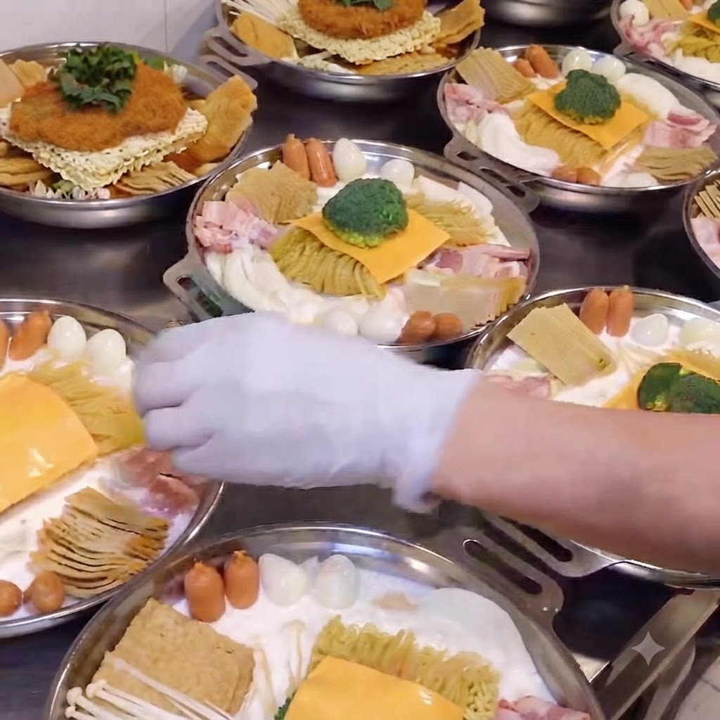 Eine Hand platziert ein Stück frischen Brokkoli in der Mitte einer Army Hotpot-Pfanne.