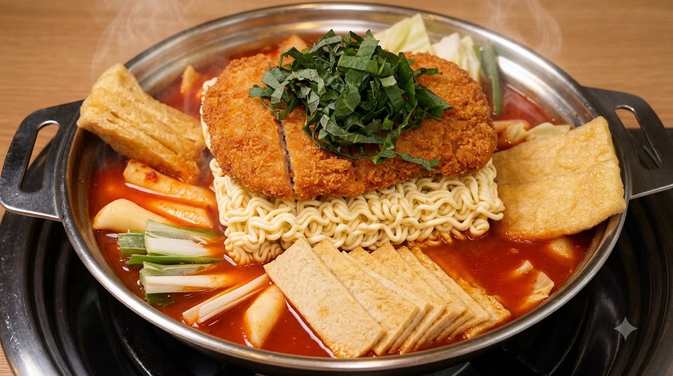 Ein zubereiteter Army-Style Tteokbokki Hotpot mit einem knusprigen Hähnchenschnitzel auf Nudeln, garniert mit frischen Kräutern.