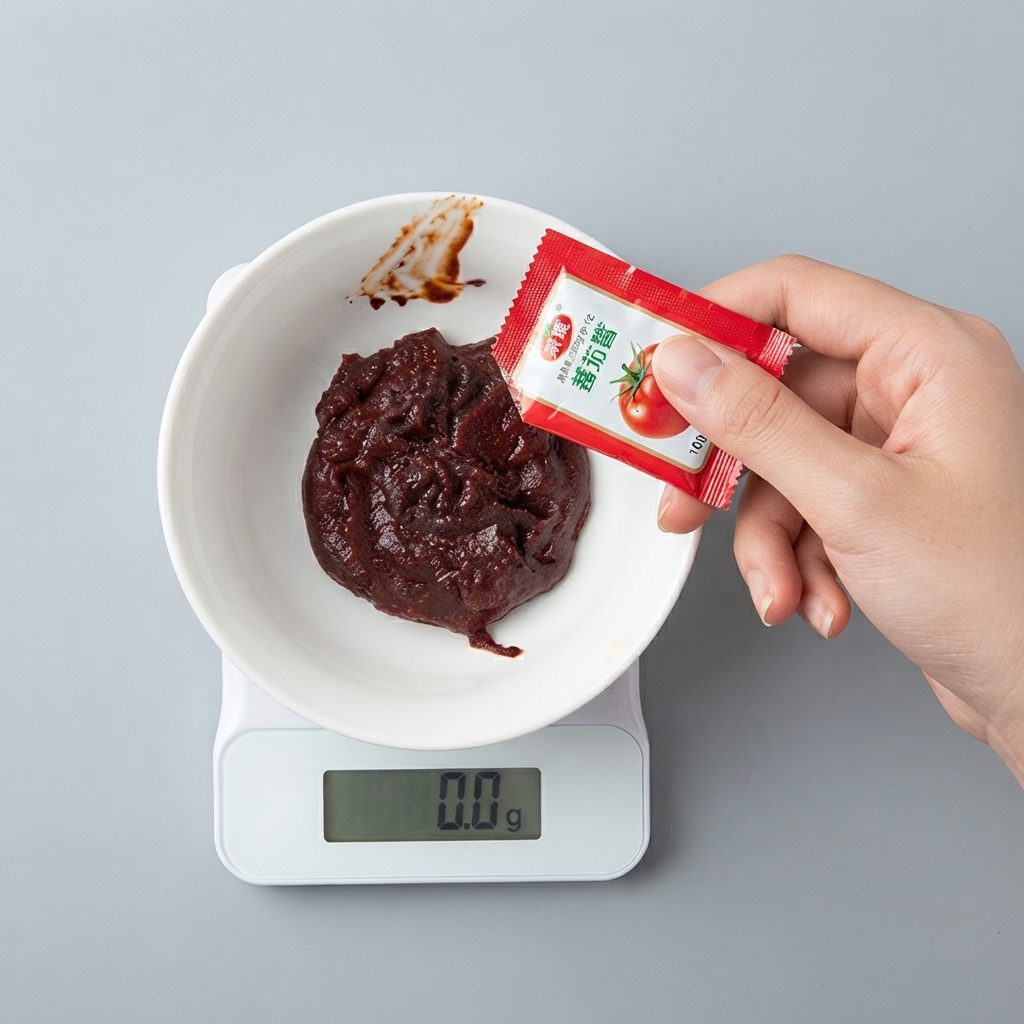 Eine Hand drückt eine Packung Tomatensauce in die weiße Schüssel mit der koreanischen Chilipaste auf einer Waage.