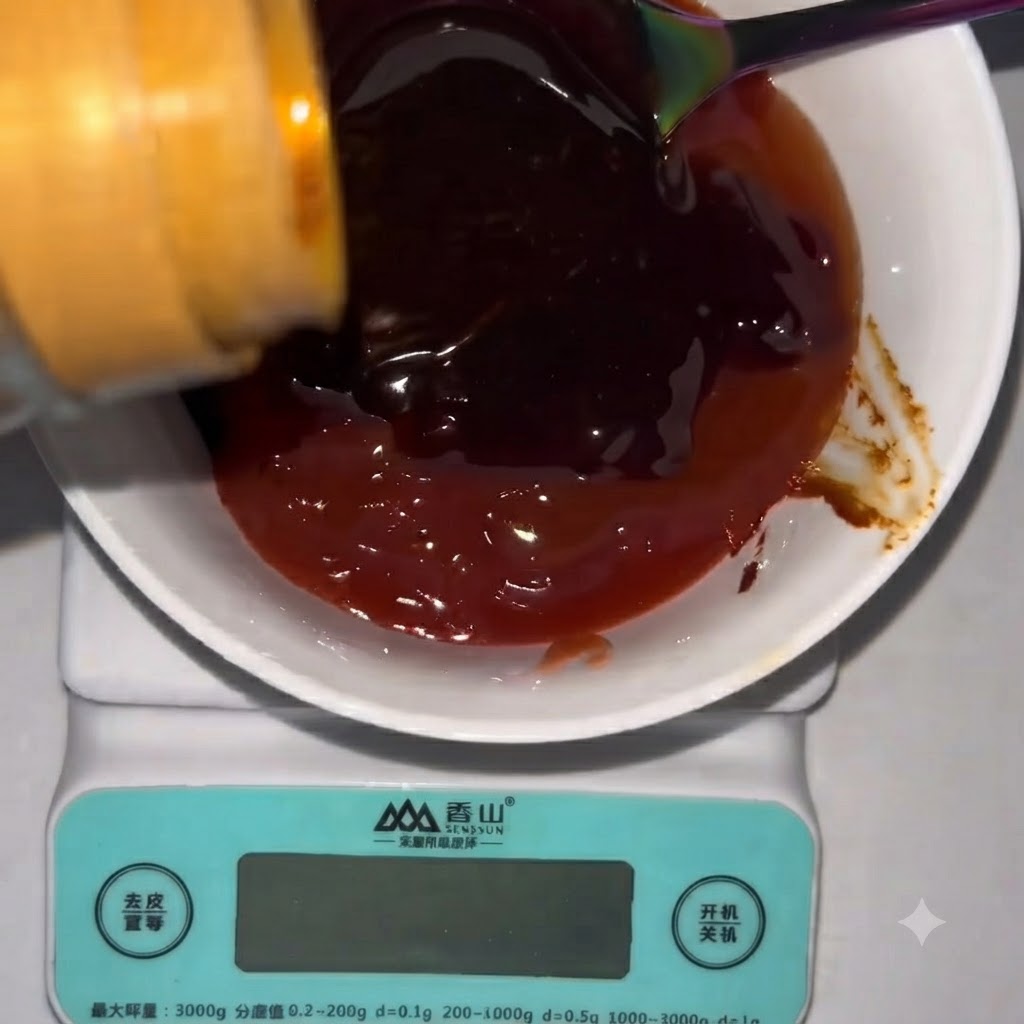 Aus einer Flasche wird helle Sojasauce in die Rührschüssel auf der Waage gegossen.