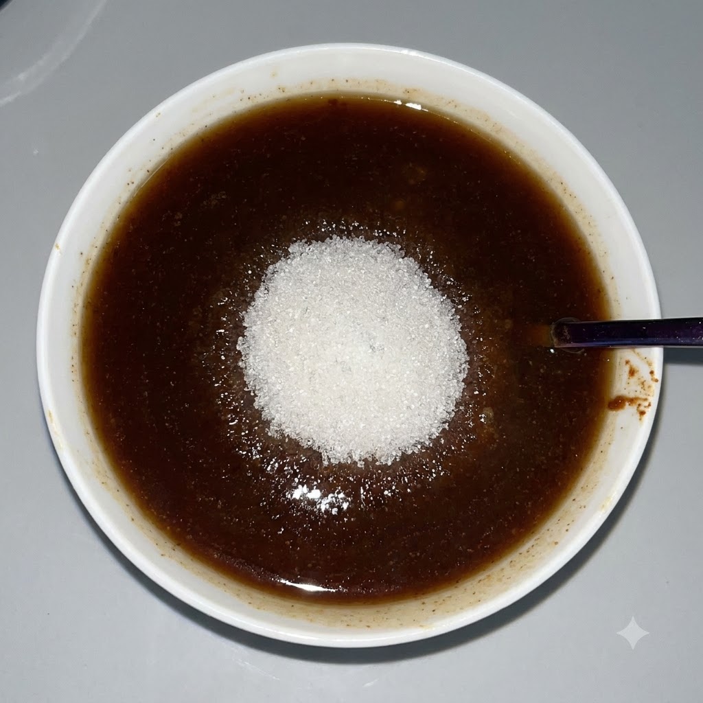 Ein Häufchen weißer Zucker auf der dunkelbraunen Sauce in der weißen Schüssel.
