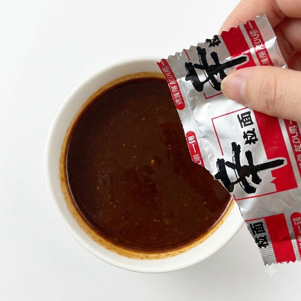 Eine Hand öffnet ein rot-silbernes Päckchen mit Ramen-Gewürz und schüttet es in die vorbereitete Saucenschüssel.
