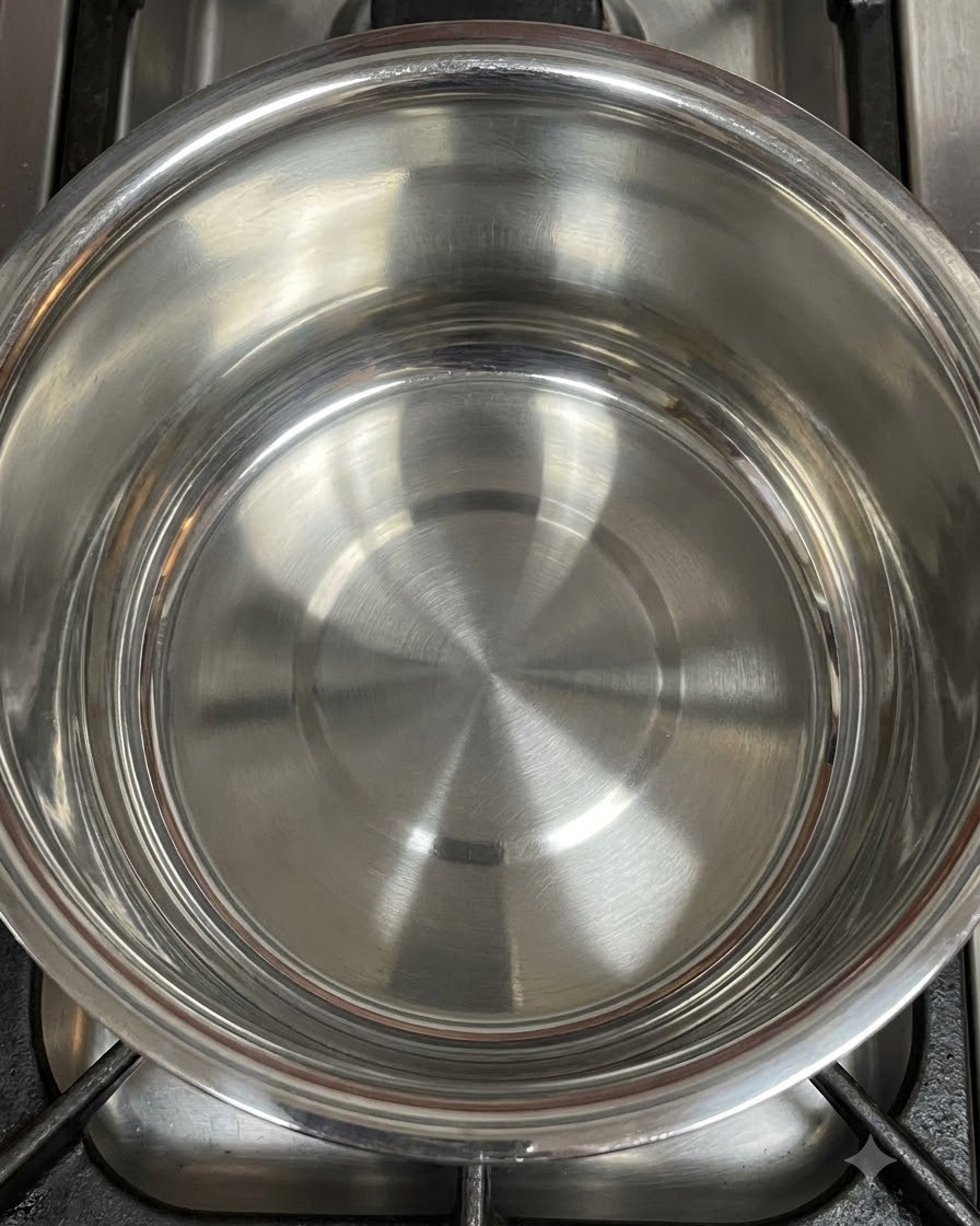Rote Zwiebelstreifen werden in einem Metalltopf mit Öl angebraten.