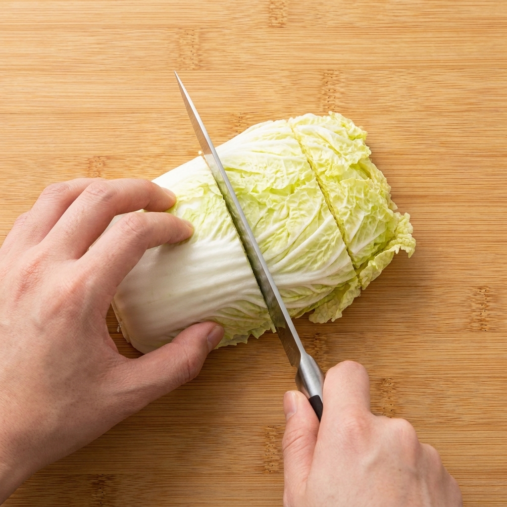 Mit einem Küchenmesser auf einem Holzbrett in große Stücke geschnittener Kohl.