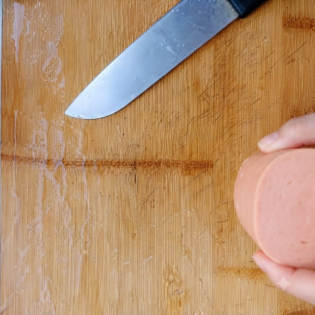 Dicke Scheiben Frühstücksfleisch liegen auf einem Holzbrett neben einem Messer.