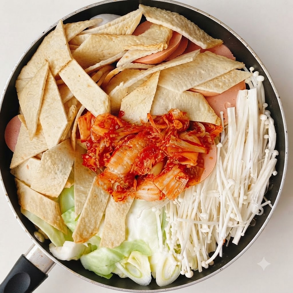 Koreanische scharfe Soße und Kimchi in der Mitte der arrangierten Pfannenzutaten.