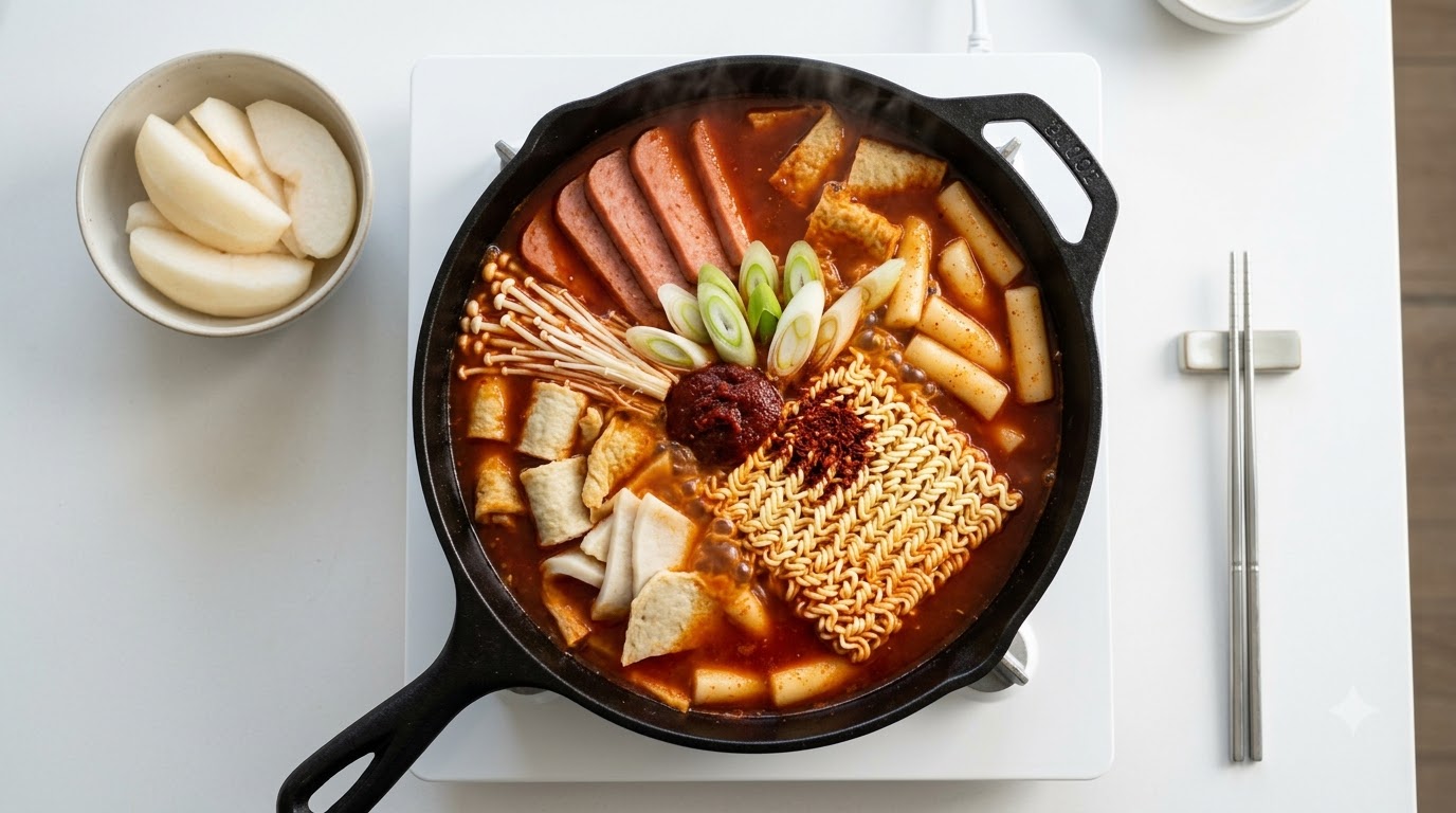 Korean Army Stew (Budae Jjigae) mit Reiskuchen