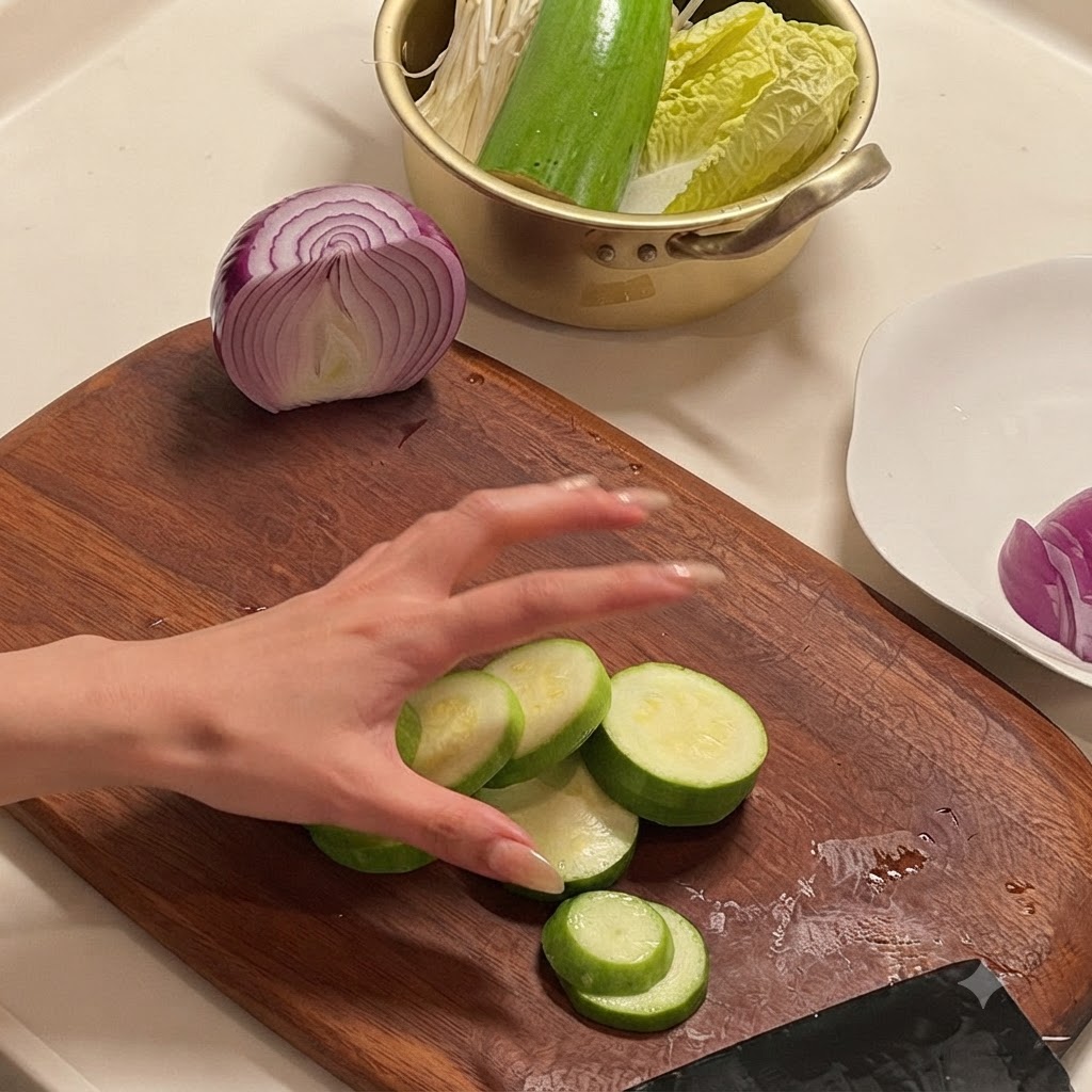 Zucchinischeiben auf einem Holzschneidebrett neben einer halben Zwiebel ausgelegt.
