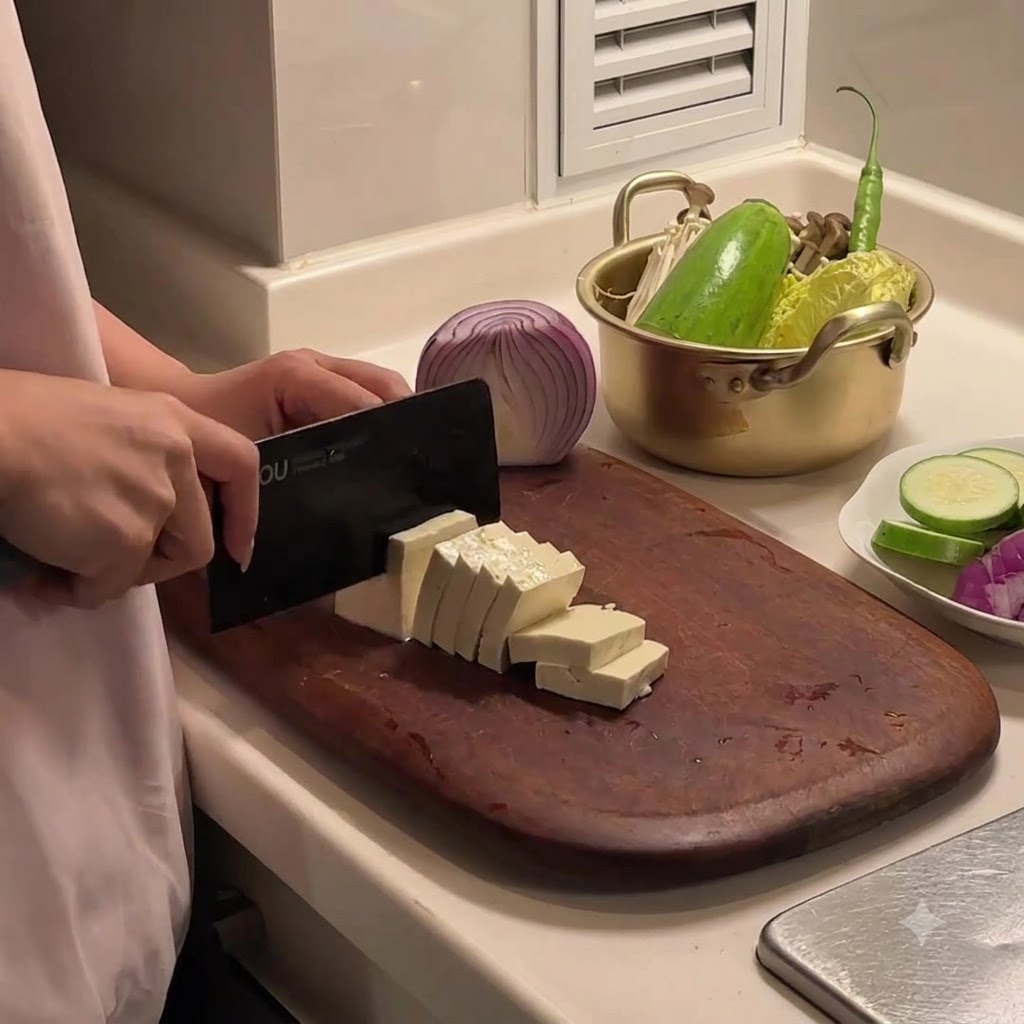 Ein Block fester Tofu wird auf einem Holzschneidebrett in rechteckige Stücke geschnitten.