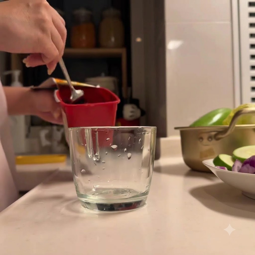 Koreanische Chilipaste und andere Gewürze werden in ein Glasgefäß gegeben.