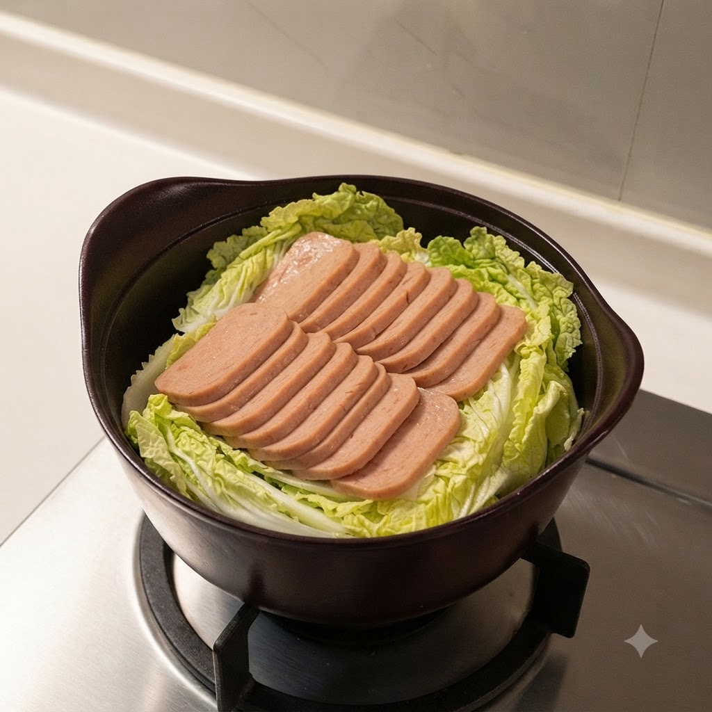 Anordnung von geschnittenem Corned Beef ordentlich über dem Kohl im Kochtopf geschichtet.