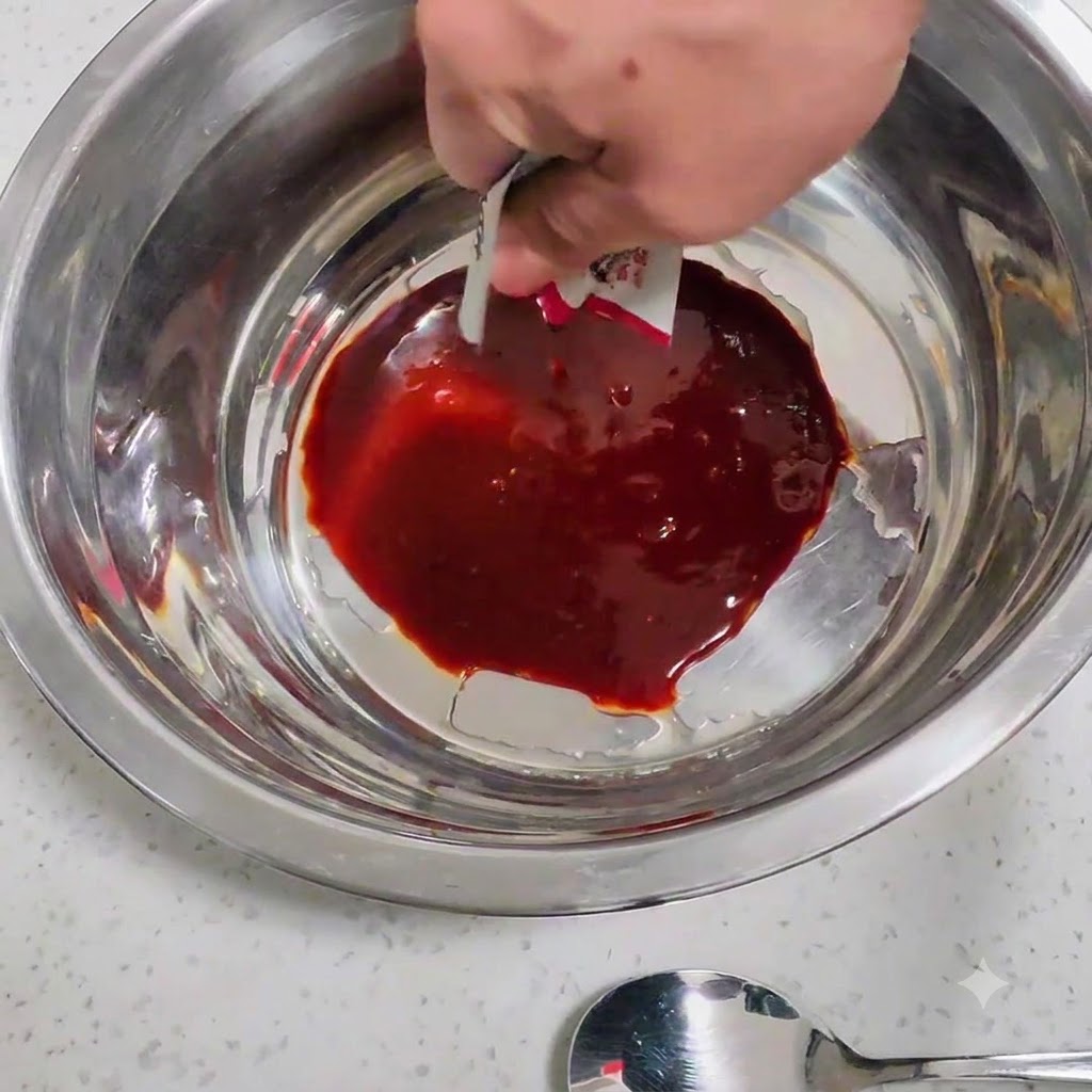 Koreanische Chilipaste und andere Gewürze werden in eine Metallschüssel gegeben.