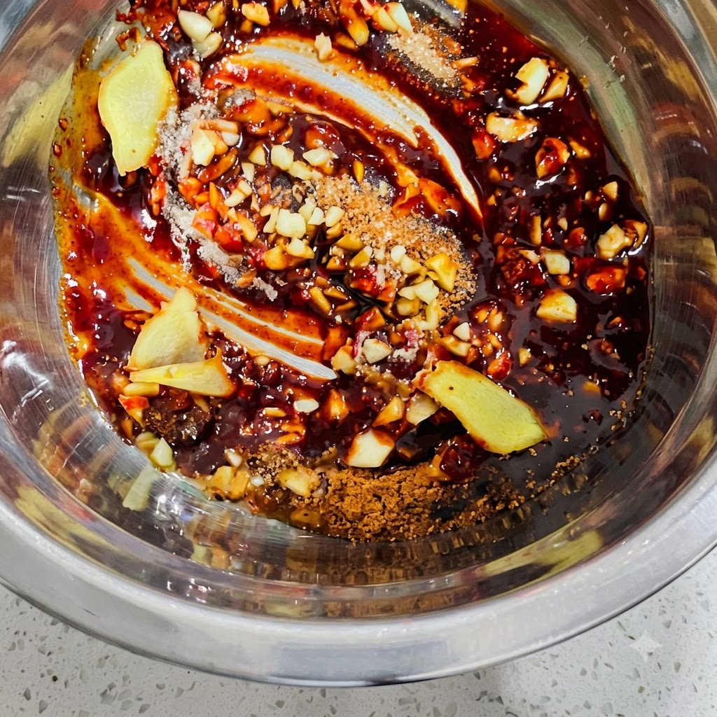 Eine Schüssel mit koreanischer Chilipaste, gehacktem Knoblauch, Ingwerscheiben und pulverförmigen Gewürzen wird zusammengemischt.