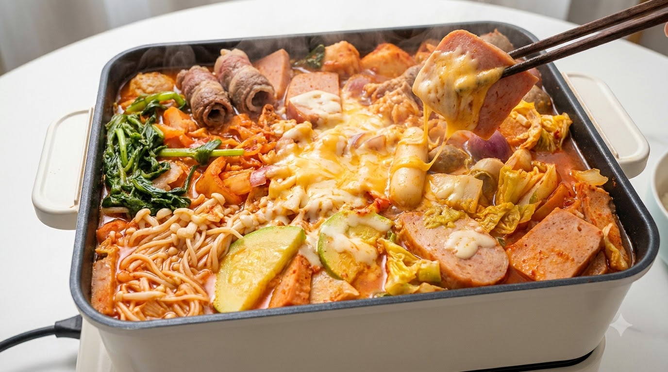 Koreanischer Armeeeintopf (Budae Jjigae) mit Reiskuchen