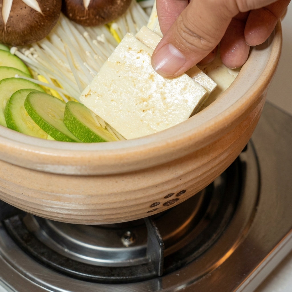 Scheiben von festem Tofu werden im Kochtopf angeordnet.