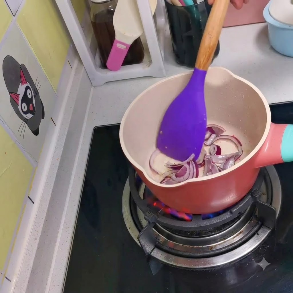 Geschnittene rote Zwiebeln werden in einem kleinen rosa Topf auf dem Herd sanft angebraten.