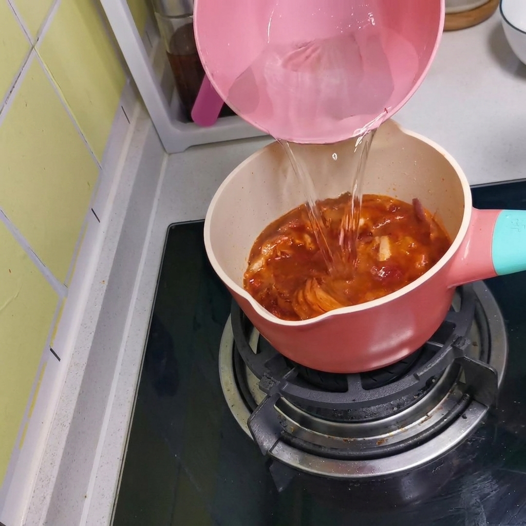 Heißes Wasser wird aus einer rosa Karaffe in den Topf gegossen, um die Suppenbasis zu bilden.