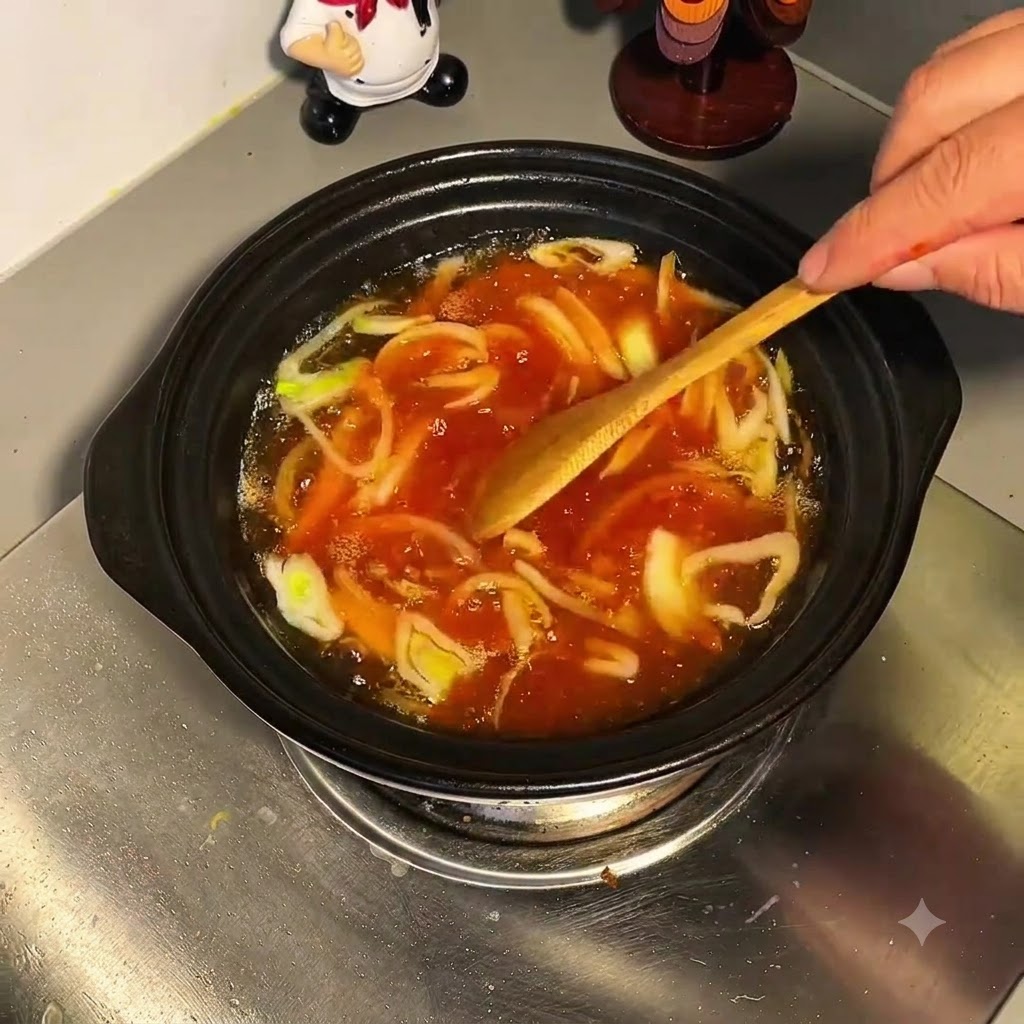 Ein Holzutensil rührt die kochende Brühemischung mit Frühlingszwiebeln und aufgelöster Sauce um.