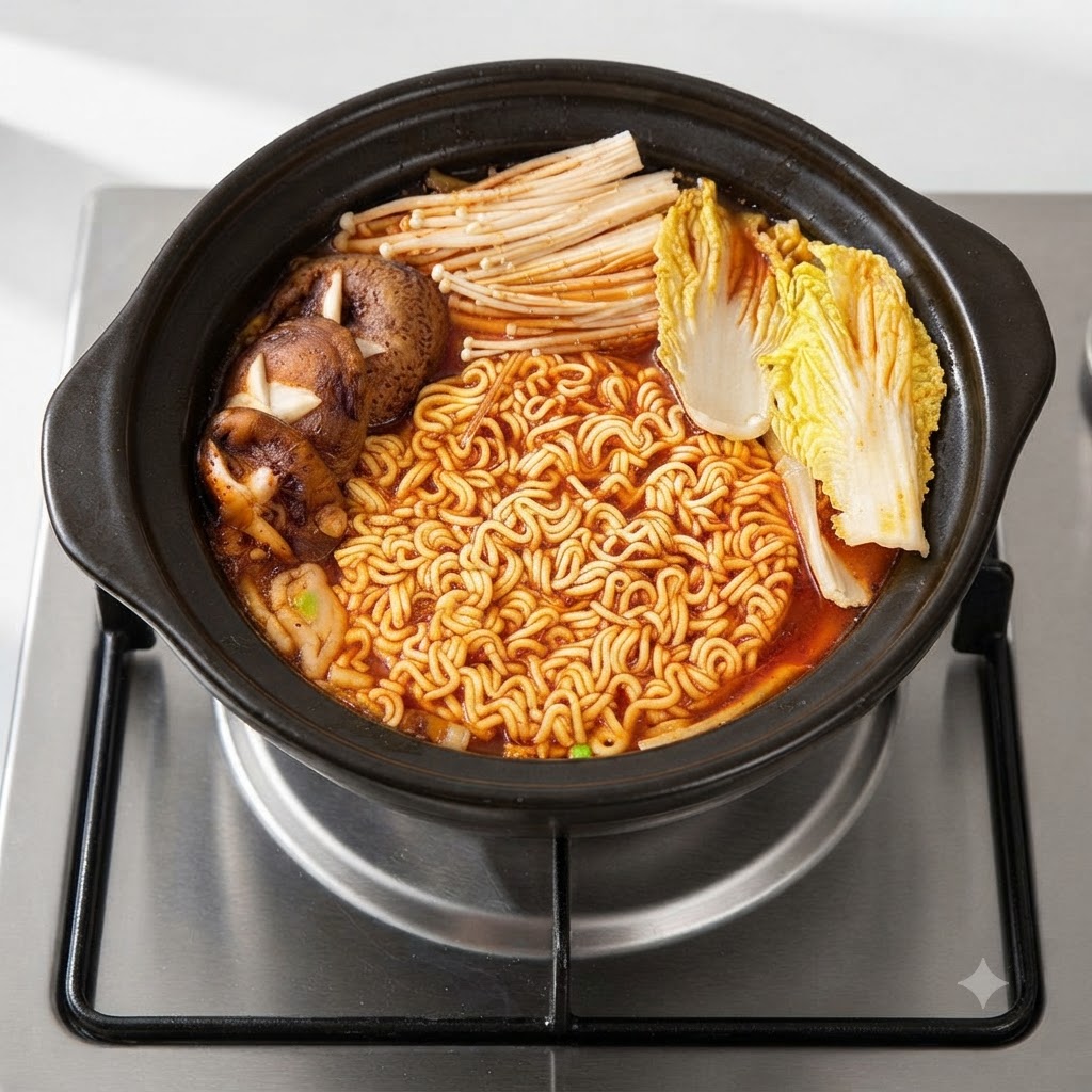 Ein Topf gefüllt mit Ramen-Nudeln, Enoki-Pilzen, Shiitake-Pilzen und Chinakohl köchelt in roter Brühe.