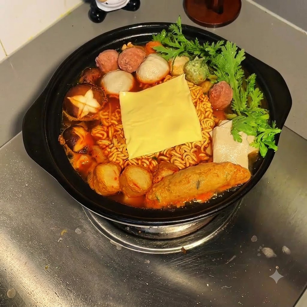 Eine gelbe Käsescheibe zentriert auf dem blubbernden Nudeleintopf, gefüllt mit Fischbällchen, Pilzen und Gemüse.