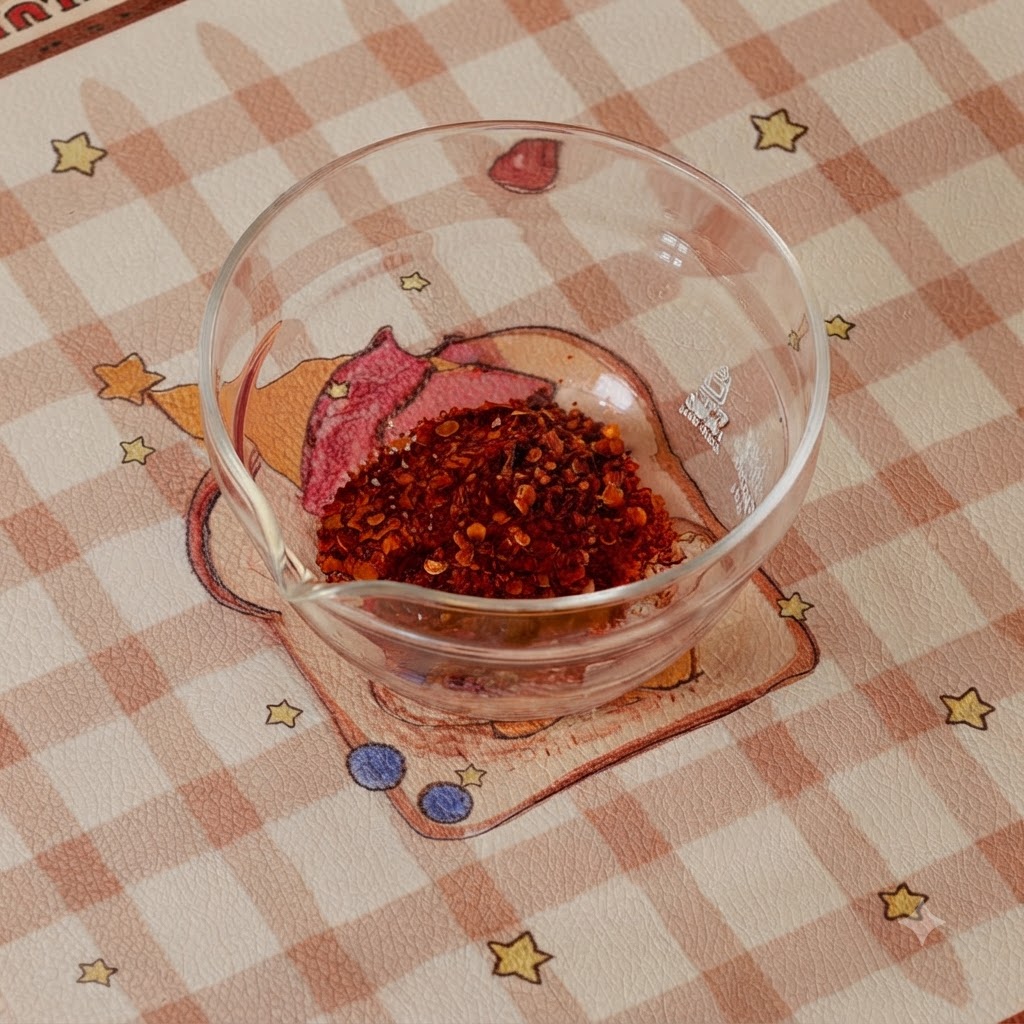Koreanische Chilipaste, Chilipulver, Zucker, Sesamöl, Austernsauce und Sojasauce werden mit Wasser in einer Glasschüssel vermischt.
