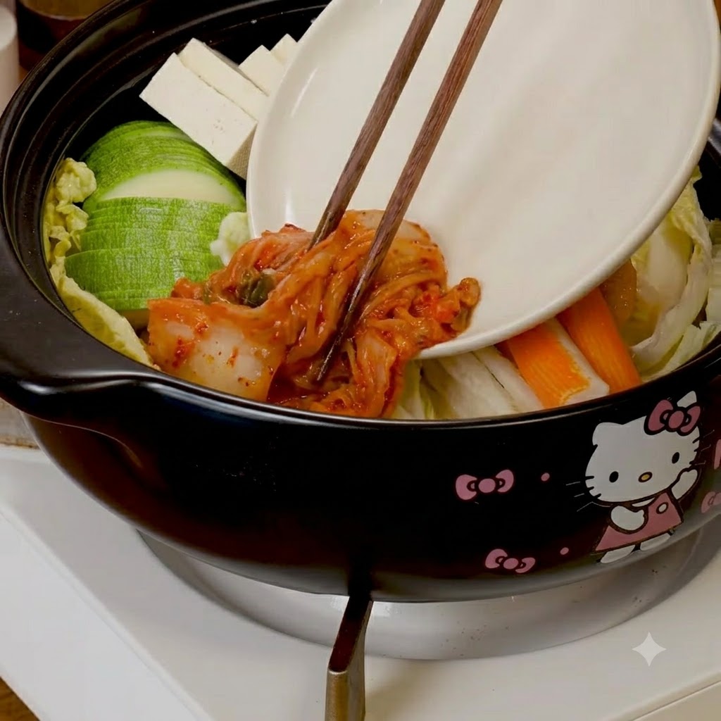 Kimchi und in Scheiben geschnittenes fettreiches Rindfleisch werden mit Essstäbchen zu den angerichteten Zutaten in den Topf gegeben.