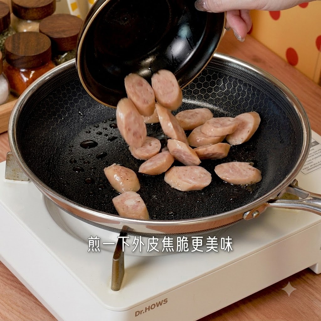 Wurstscheiben werden in eine heiße Pfanne gegeben und darin angebraten, bis sie knusprig sind.