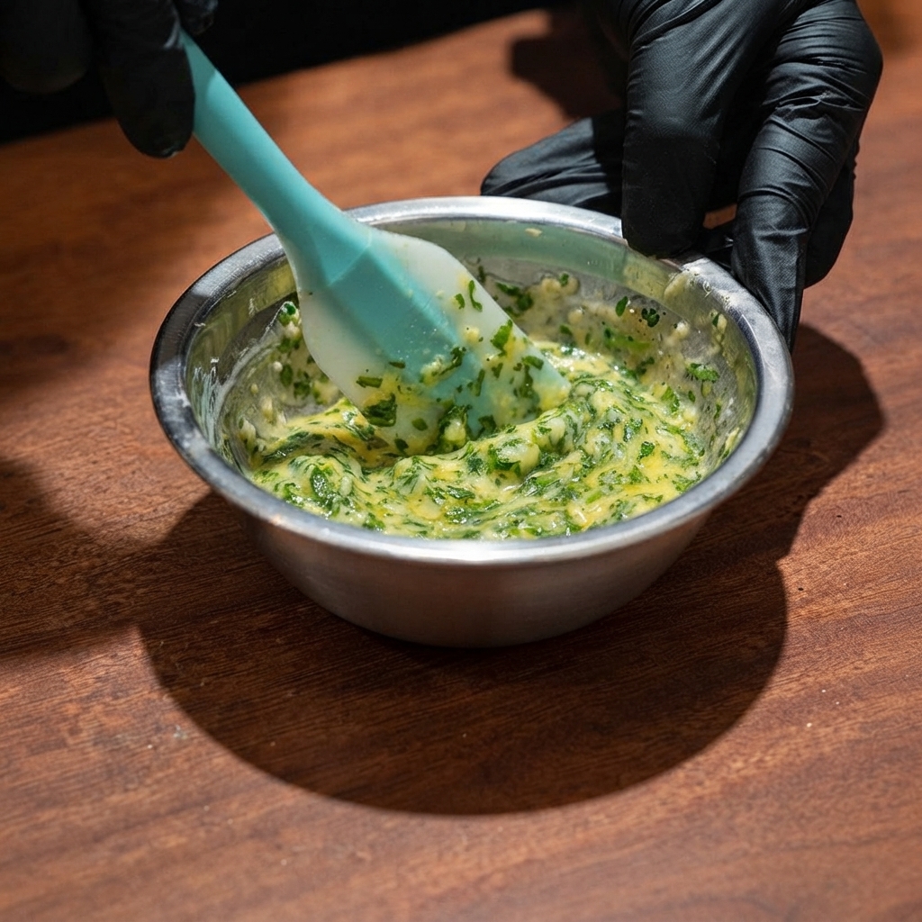 Ein Silikonspatel rührt eine Mischung aus Butter, Knoblauch und gehackter grüner Petersilie in einer Metallschüssel um.