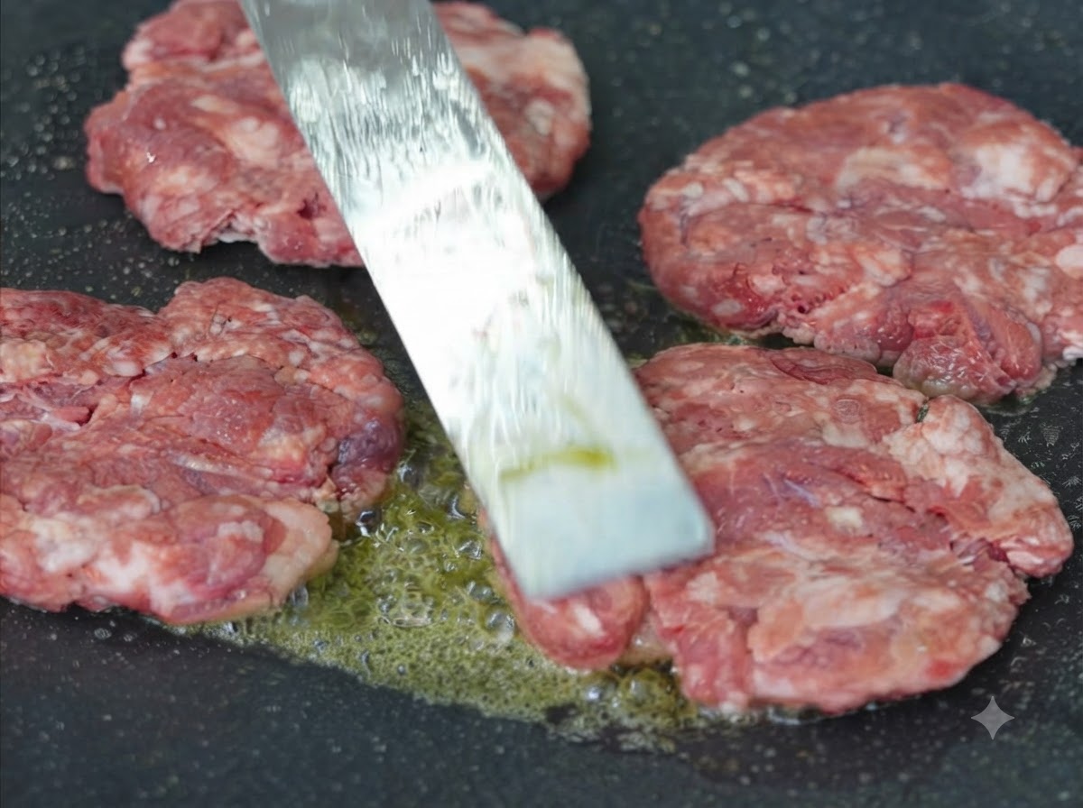 Rohe Rindfleisch-Patties brutzeln in Butter auf einer heißen flachen Pfanne, ein Spatel liegt bereit.