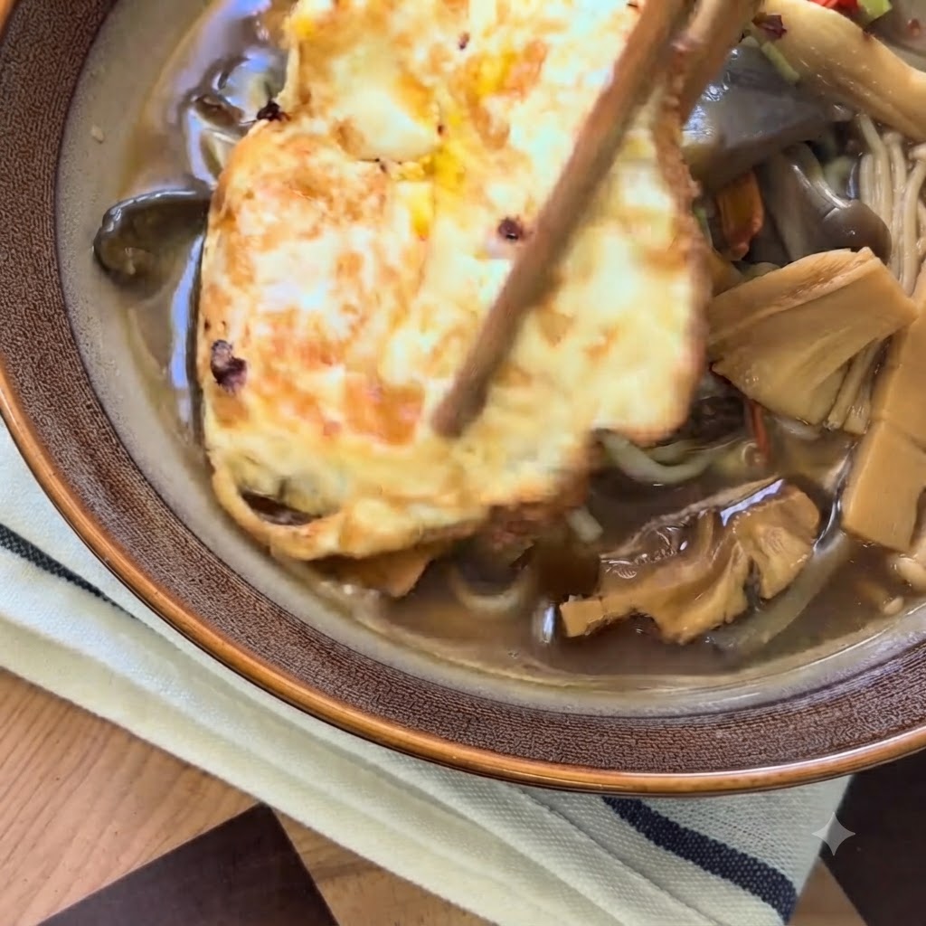 Ein goldgebratenes Ei wird mit Stäbchen auf eine dampfende Schüssel Pilz-Nudelsuppe gesetzt.