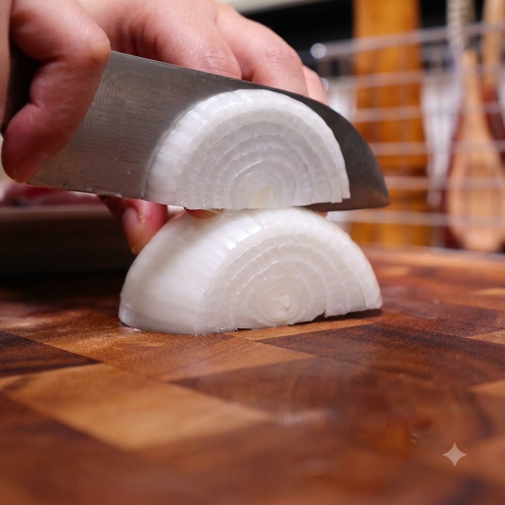 Eine Zwiebel wird auf einem Holzschneidebrett mit einem Küchenmesser in dünne Scheiben geschnitten.