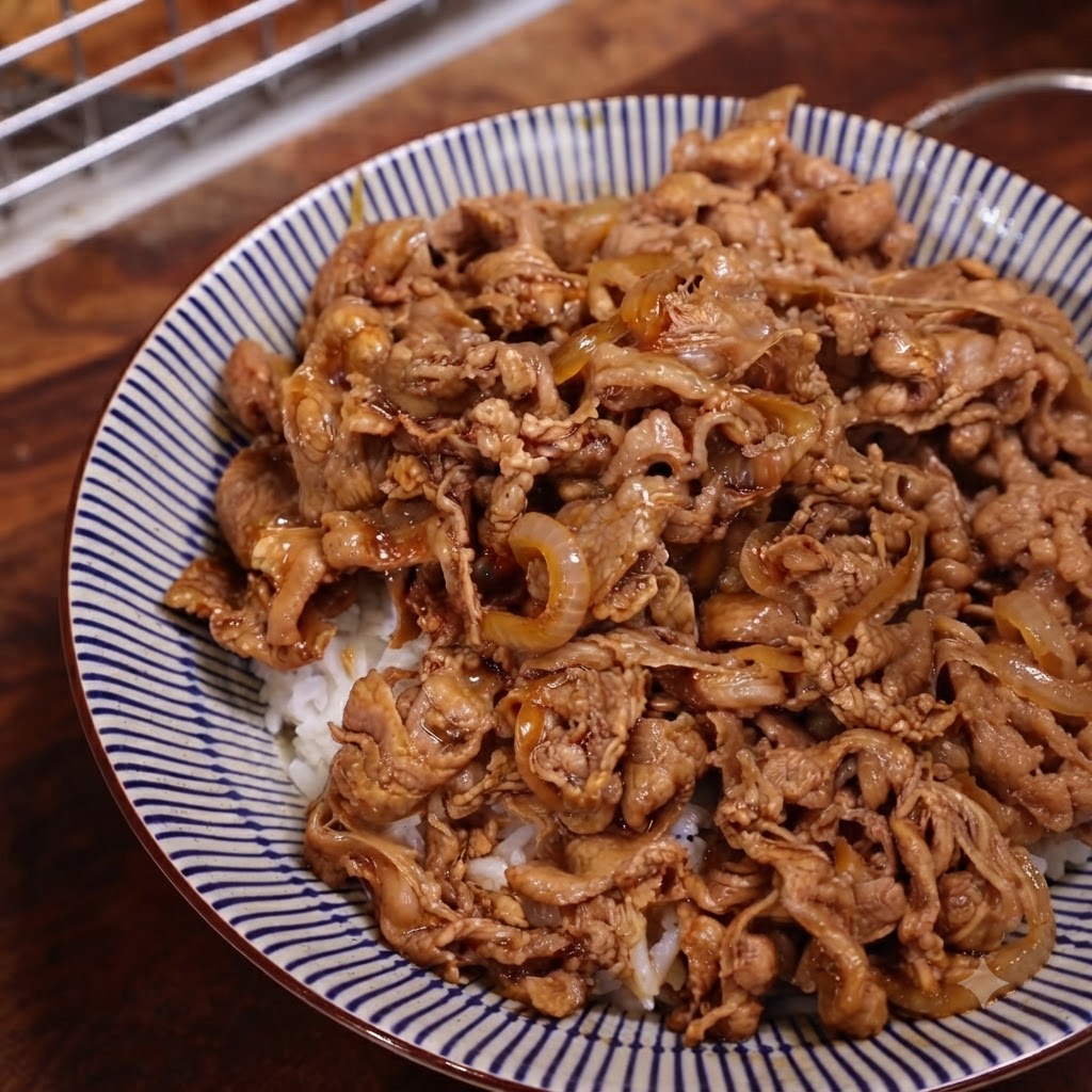 Ein zartes weichgekochtes Onsen-Ei in der Mitte einer Rindfleisch-Reisschüssel.