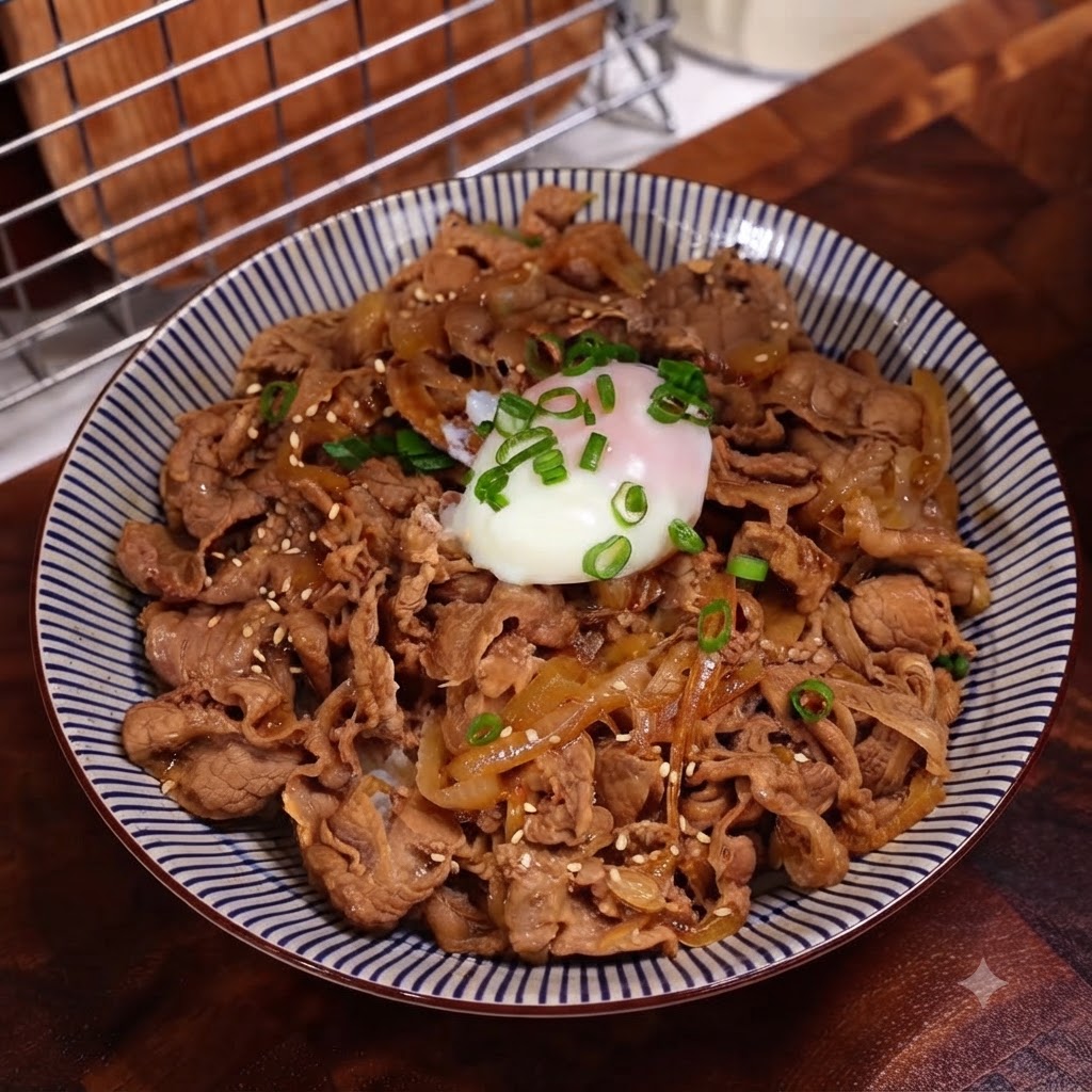 Weiße Sesamsamen und Frühlingszwiebeln werden über das fertige Donburi gestreut.