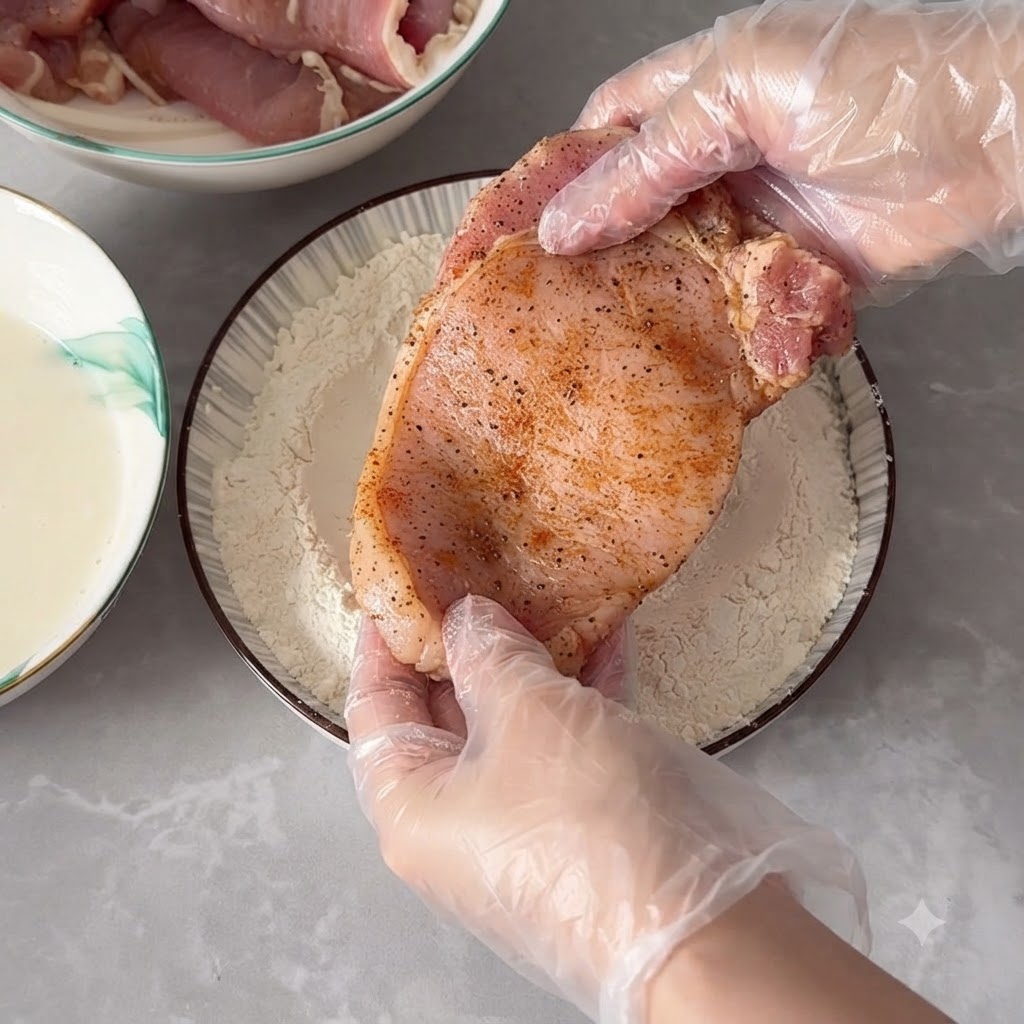 Behandschuhte Hände panieren ein gewürztes Schweinekotelett auf einem breiten Teller mit trockenem Mehl.