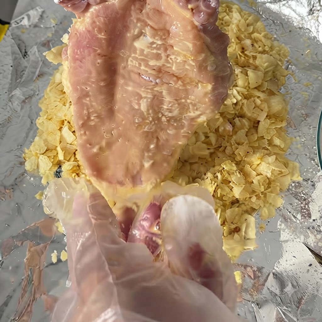 Ein Schweinekotelett wird auf ein Bett aus zerstoßenen goldenen Kartoffelchips gedrückt, die auf Alufolie ausgebreitet sind.