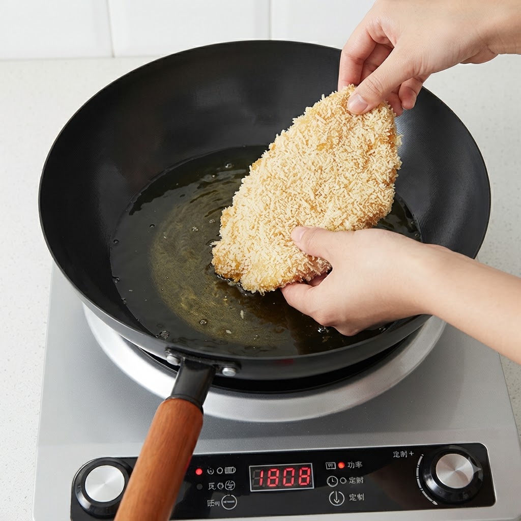 Ein paniertes Schweinekotelett wird in heißes Öl in einem schwarzen Wok auf einem Induktionsherd abgesenkt.